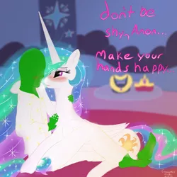 Size: 2000x2000 | Tagged: safe, artist:enonnnymous, princess celestia, oc, oc:anon, alicorn, human, pony, /sun/, bedroom, bedroom eyes, clothes, duo, ethereal mane, female, hand on chest fluff, heart eyes, human on pony snuggling, image, mare, missing accessory, png, sharing breath, snuggling, wingding eyes