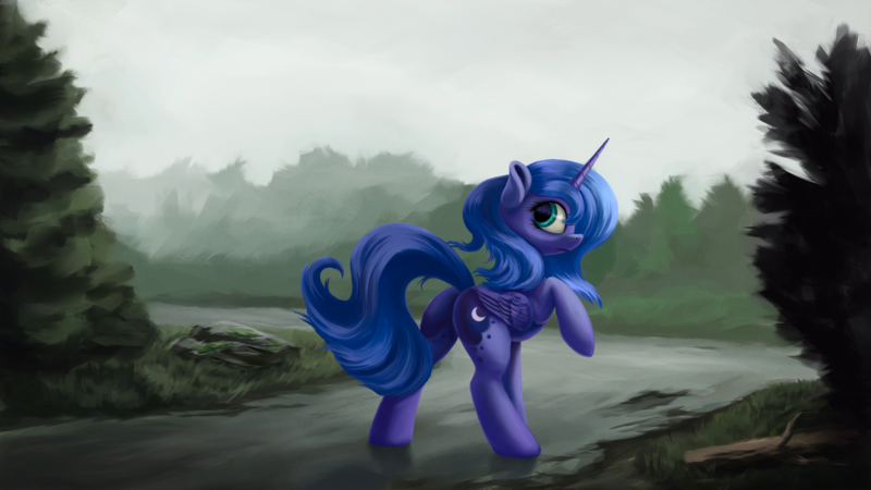 Size: 4000x2250 | Tagged: safe, artist:flusanix, derpibooru import, princess luna, alicorn, pony, female, fog, forest, image, looking back, mare, png, raised hoof, s1 luna, solo, tree