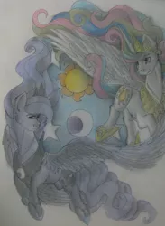 Size: 1280x1747 | Tagged: safe, artist:unknownfilters, derpibooru import, princess celestia, princess luna, alicorn, pony, duo, female, image, jpeg, mare, royal sisters, siblings, sisters, traditional art