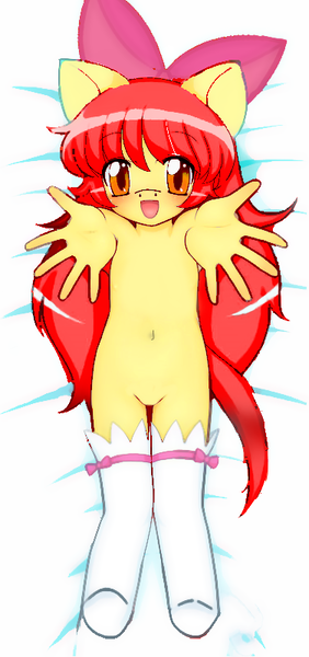 Size: 376x800 | Tagged: suggestive, artist:miyanii, banned from derpibooru, edit, ponybooru import, apple bloom, anthro, anime style, blushing, body pillow, bow, clothes, featureless crotch, female, image, lolicon, looking at you, lying down, on back, png, socks, solo, spread arms, underage