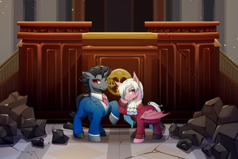 Size: 1280x853 | Tagged: safe, artist:blue eye, derpibooru import, king sombra, oc, oc:coloured glaze rose, bat pony, pony, unicorn, ace attorney, bat wings, canon x oc, clothes, cosplay, costume, courtroom, duo, duo male, formal wear, image, jpeg, lawyer, looking at you, male, miles edgeworth, phoenix wright, procurator, ruins, sombrose, stallion, wings