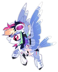 Size: 409x507 | Tagged: safe, artist:x-vintage--owl-x, derpibooru import, rainbow dash, pony, alternate design, amputee, artificial wings, augmented, goggles, image, mechanical wing, png, prosthetic leg, prosthetic limb, prosthetics, scaer, simple background, solo, transparent background, twitterina design, wings