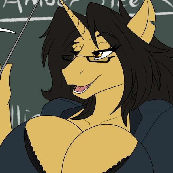 Size: 872x872 | Tagged: suggestive, artist:thedrunkcoyote, derpibooru import, oc, oc:amber steel, unofficial characters only, anthro, unicorn, big breasts, bra, breasts, chalkboard, cleavage, clothes, cropped, digital art, female, glasses, horn, huge breasts, image, jpeg, shirt, solo, teacher, underwear