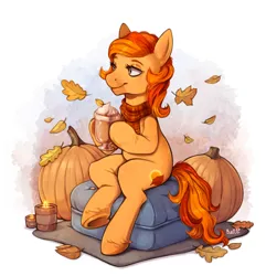Size: 1920x1991 | Tagged: safe, artist:birdoffnorth, derpibooru import, oc, oc:autumn sunrise, earth pony, pony, autumn, candle, chocolate, clothes, commission, drink, eyebrows, female, food, hoof hold, hot chocolate, image, jpeg, leaves, mare, pumpkin, scarf, simple background, sitting, solo, underhoof, unshorn fetlocks, whipped cream, white background, ych result