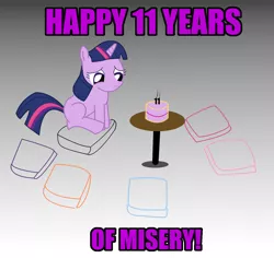 Size: 1296x1225 | Tagged: safe, artist:drtoughlove, twibooru exclusive, twilight sparkle, pony, unicorn, birthday candles, cake, candle, cushion, featured image, female, filly, filly twilight sparkle, food, hanging, happy birthday mlp:fim, happy birthday to me, image, mlp fim's eleventh anniversary, pillow, png, sad, solo, unicorn twilight, younger