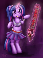 Size: 2851x3902 | Tagged: safe, artist:hirurux, derpibooru import, twilight sparkle, pony, unicorn, belt, bipedal, candy, chainsaw, clothes, crossover, female, food, image, juliet starling, lollipop, lollipop chainsaw, magic, mare, pigtails, pleated skirt, png, skirt, solo, tanktop, telekinesis, twintails, unicorn twilight, voice actor joke, weapon, wristband