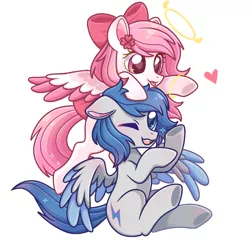 Size: 1000x1000 | Tagged: artist needed, safe, derpibooru import, oc, oc:bubble cloud, oc:zephyrpony, pegasus, pony, bow, couple, hair bow, heart, image, one eye closed, png, spread wings, wings