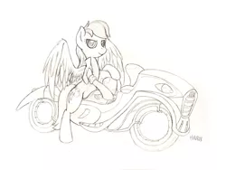 Size: 3600x2700 | Tagged: safe, artist:hirurux, derpibooru import, rainbow dash, pegasus, pony, clothes, female, image, jacket, jpeg, monochrome, motorcycle, pencil drawing, sketch, solo, traditional art, wip