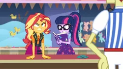 Size: 3410x1920 | Tagged: safe, derpibooru import, screencap, flim, sci-twi, sunset shimmer, twilight sparkle, equestria girls, equestria girls series, rollercoaster of friendship, clothes, cutie mark, cutie mark on clothes, female, geode of empathy, glasses, high res, image, jacket, jewelry, jpeg, leather, leather jacket, magical geodes, male, necklace, notebook, ponytail