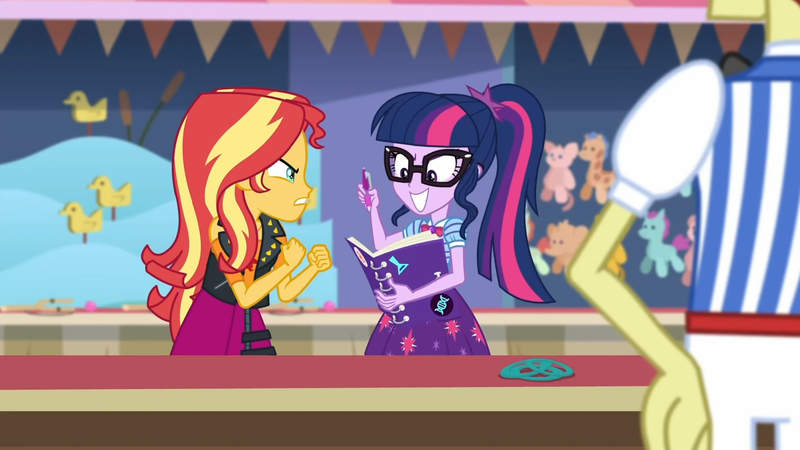 Size: 3410x1920 | Tagged: safe, derpibooru import, screencap, flim, sci-twi, sunset shimmer, twilight sparkle, equestria girls, equestria girls series, rollercoaster of friendship, bowtie, clothes, cutie mark, cutie mark on clothes, female, geode of telekinesis, glasses, grin, high res, image, jacket, jewelry, jpeg, leather, leather jacket, magical geodes, male, necklace, notebook, ponytail, smiling