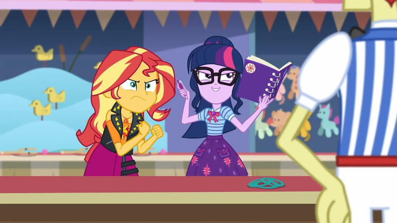 Size: 3410x1920 | Tagged: safe, derpibooru import, screencap, flim, sci-twi, sunset shimmer, twilight sparkle, equestria girls, equestria girls series, rollercoaster of friendship, bowtie, clothes, cutie mark, cutie mark on clothes, female, geode of empathy, geode of telekinesis, glasses, grin, high res, image, jacket, jewelry, jpeg, leather, leather jacket, magical geodes, male, necklace, notebook, ponytail, smiling