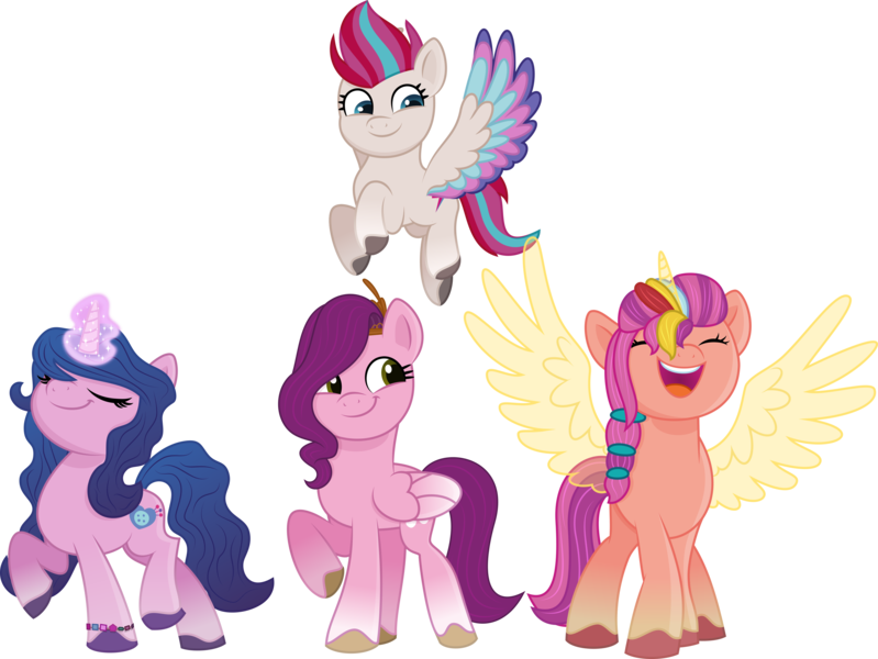 Size: 4084x3066 | Tagged: safe, artist:thatusualguy06, derpibooru import, izzy moonbow, pipp petals, sunny starscout, zipp storm, alicorn, pegasus, pony, unicorn, my little pony: a new generation, spoiler:g5, spoiler:my little pony: a new generation, .svg available, alternate versions at source, colored wings, colored wingtips, eyes closed, female, flying, g5, group, high res, image, magic, magic aura, mare, open mouth, png, raised hoof, simple background, smiling, transparent background, unshorn fetlocks, vector, wings
