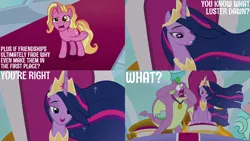 Size: 1280x720 | Tagged: safe, derpibooru import, edit, edited screencap, editor:quoterific, screencap, luster dawn, princess twilight 2.0, spike, twilight sparkle, twilight sparkle (alicorn), alicorn, dragon, pony, unicorn, season 9, the last problem, spoiler:s09, crown, female, image, jewelry, male, mare, older, older twilight, open mouth, png, regalia, smiling, winged spike, wings