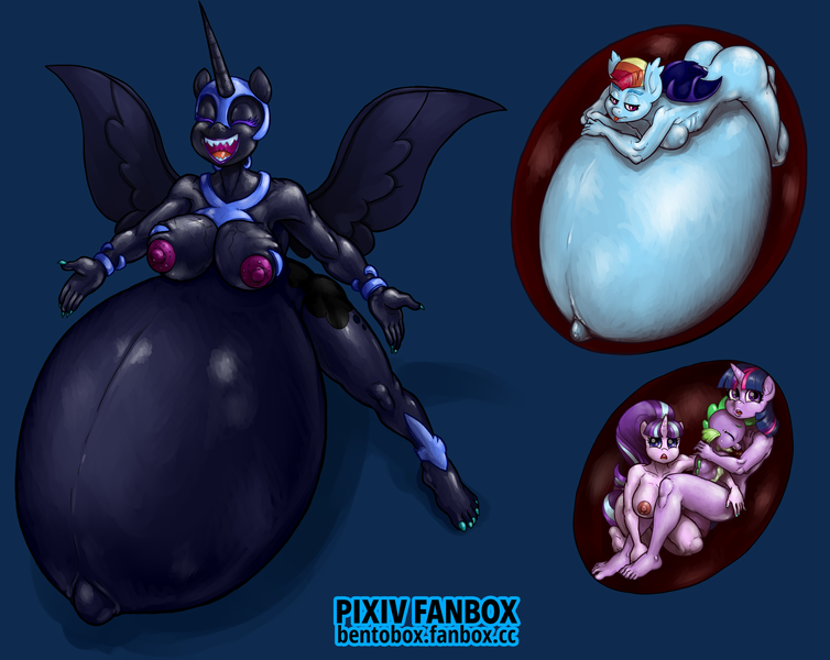 Size: 2000x1591 | Tagged: questionable, semi-grimdark, artist:smudge proof, derpibooru import, nightmare moon, rainbow dash, spike, starlight glimmer, twilight sparkle, alicorn, anthro, dragon, pegasus, plantigrade anthro, unicorn, alternate hairstyle, alternate timeline, belly, belly button, big belly, breasts, busty nightmare moon, busty starlight glimmer, butt, commission, crying, endosoma, eyes closed, fanbox, glimmer prey, huge belly, image, impossibly large belly, night guard, night guard dash, nightmare takeover timeline, nipples, non-fatal vore, nudity, open mouth, outie belly button, png, preddash, preydash, preylight, rainbutt dash, spikeprey, tongue out, veiny breasts, victorious villain, vore, voreception