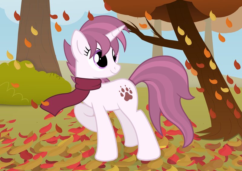 Size: 2970x2100 | Tagged: safe, artist:candy meow, derpibooru import, oc, oc:white squirrel, unofficial characters only, pony, unicorn, autumn, bush, clothes, falling leaves, female, forest, image, jpeg, leaf, leaves, mare, outdoors, scarf, solo, tree