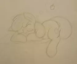 Size: 1280x1069 | Tagged: safe, artist:howl echoes, derpibooru import, apple bloom, earth pony, pony, apple, female, filly, food, image, jpeg, sketch, sleeping, solo