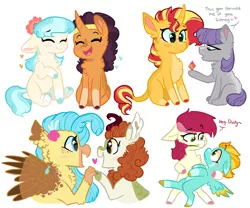 Size: 2732x2272 | Tagged: safe, artist:moccabliss, derpibooru import, autumn blaze, coco pommel, lightning dust, maud pie, princess skystar, rosedust, roseluck, saffron masala, sunset shimmer, classical hippogriff, hippogriff, kirin, pony, my little pony: the movie, autumnstar, chibi, cocomasala, female, image, lesbian, maudshimmer, png, shipping, simple background, white background
