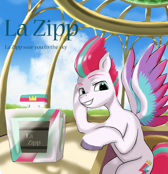 Size: 1024x1057 | Tagged: safe, artist:neoshrek, derpibooru import, zipp storm, pegasus, pony, my little pony: a new generation, female, g5, gritted teeth, image, jpeg, looking at you, mare, perfume, sitting, smiling, solo, spread wings, supporting head, wings