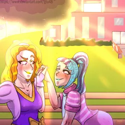 Size: 1280x1280 | Tagged: safe, artist:gtu48, derpibooru import, adagio dazzle, sonata dusk, human, equestria girls, bench, blushing, clothes, female, humanized, image, lesbian, png, shipping, sonagio