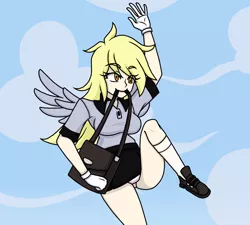 Size: 1368x1231 | Tagged: safe, artist:_mssj9, derpibooru import, derpy hooves, human, bag, blonde, blonde hair, clothes, cloud, derpibooru exclusive, eyebrows, eyebrows visible through hair, eye clipping through hair, eyelashes, gloves, humanized, image, mouth hold, pegasus wings, pleated skirt, png, shoulder bag, skirt, smiling, socks, solo, underwear, winged humanization, wings