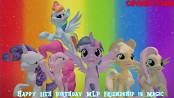 Size: 3840x2160 | Tagged: safe, artist:optimussparkle, derpibooru import, applejack, fluttershy, pinkie pie, rainbow dash, rarity, twilight sparkle, twilight sparkle (alicorn), alicorn, earth pony, pegasus, pony, unicorn, 3d, happy birthday mlp:fim, image, mane six, mlp fim's eleventh anniversary, png, source filmmaker