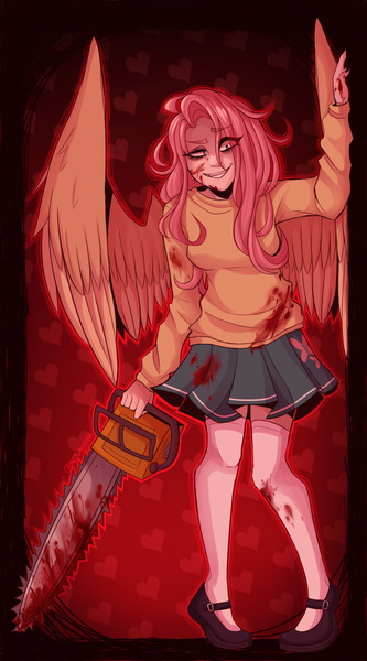Size: 1400x2520 | Tagged: grimdark, artist:notlagooni, derpibooru import, fluttershy, human, .mov, shed.mov, blood, chainsaw, clothes, female, fluttershed, humanized, image, png, shirt, solo, sweater, winged humanization, wings