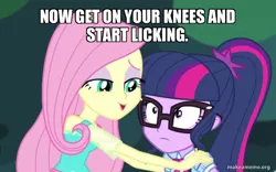 Size: 800x498 | Tagged: suggestive, derpibooru import, edit, edited screencap, screencap, fluttershy, sci-twi, twilight sparkle, equestria girls, equestria girls series, stressed in show, caption, image, image macro, png, text
