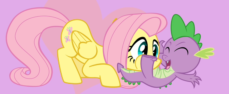 Size: 2049x843 | Tagged: safe, artist:darthlena, derpibooru import, fluttershy, spike, dragon, pegasus, pony, eyes closed, female, flutterspike, image, jpeg, laughing, lying down, male, misleading thumbnail, on back, puffy cheeks, raspberry, shipping, straight, tongue out, tummy buzz
