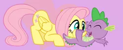 Size: 2049x843 | Tagged: safe, artist:darthlena, derpibooru import, fluttershy, spike, dragon, pegasus, pony, eyes closed, female, flutterspike, image, jpeg, laughing, lying down, male, misleading thumbnail, on back, puffy cheeks, raspberry, shipping, straight, tongue out, tummy buzz
