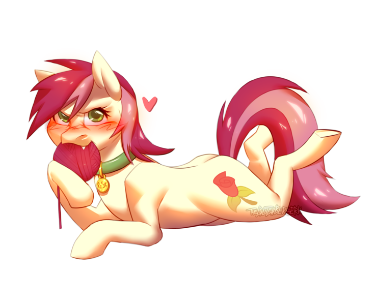 Size: 1600x1300 | Tagged: safe, artist:theglitchberserk, derpibooru import, roseluck, earth pony, pony, angry, behaving like a cat, blushing, collar, commission, commissioner:doom9454, fangs, heart, image, lying down, pet tag, png, pony pet, rosepet, simple background, solo, transparent background, yarn, yarn ball