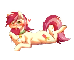 Size: 1600x1300 | Tagged: safe, artist:theglitchberserk, derpibooru import, roseluck, earth pony, pony, angry, behaving like a cat, blushing, collar, commission, commissioner:doom9454, fangs, heart, image, lying down, pet tag, png, pony pet, rosepet, simple background, solo, transparent background, yarn, yarn ball