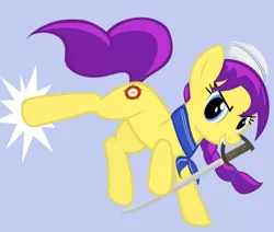 Size: 766x650 | Tagged: safe, artist:darthlena, derpibooru import, oc, oc:maria rose, unofficial characters only, pony, cutlass, female, hat, image, jpeg, mouth hold, sailor hat, simple background, sword, weapon