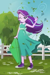 Size: 1000x1500 | Tagged: safe, alternate version, artist:darthlena, derpibooru import, starlight glimmer, equestria girls, beautiful, clothes, converse, dress, female, fence, happy, image, kite, png, shoes, smiling, smirk, sneakers, solo, summer, that pony sure does love kites, tree, weeping willow