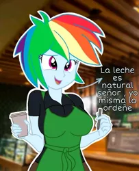 Size: 720x885 | Tagged: safe, derpibooru import, rainbow dash, equestria girls, alternate hairstyle, apron, breasts, busty rainbow dash, clothes, coffee cup, cup, dialogue, drawing, iced latte with breast milk, image, jpeg, meme, short hair, spanish, starbucks
