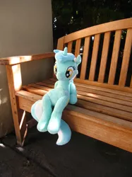 Size: 1280x1707 | Tagged: safe, derpibooru import, lyra heartstrings, bench, everfree northwest, everfree northwest 2012, image, irl, jpeg, meme, photo, plushie, sitting, sitting lyra