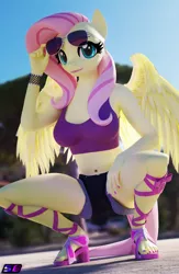 Size: 2160x3320 | Tagged: safe, artist:shadowboltsfm, derpibooru import, fluttershy, anthro, pegasus, plantigrade anthro, 3d, aviator glasses, belly button, blender, bra, bracelet, breasts, busty fluttershy, clothes, crop top bra, cute, eyelashes, feet, high res, image, jewelry, lace sandals, looking at you, nail polish, not sfm, png, sandals, shorts, smiling, toenail polish, toes, underwear, wings