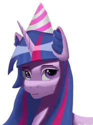 Size: 1000x1346 | Tagged: safe, artist:trotski432, derpibooru import, twilight sparkle, pony, birthday, bust, female, hat, horn, image, mare, party hat, png, portrait, simple background, transparent background