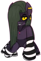 Size: 1169x1705 | Tagged: suggestive, derpibooru import, oc, oc:gossamer gloom, earth pony, pony, clothes, ear piercing, earring, hair over one eye, image, jewelry, looking at you, necklace, offscreen character, piercing, png, pov, sharp teeth, socks, solo, teeth, unusual pupils