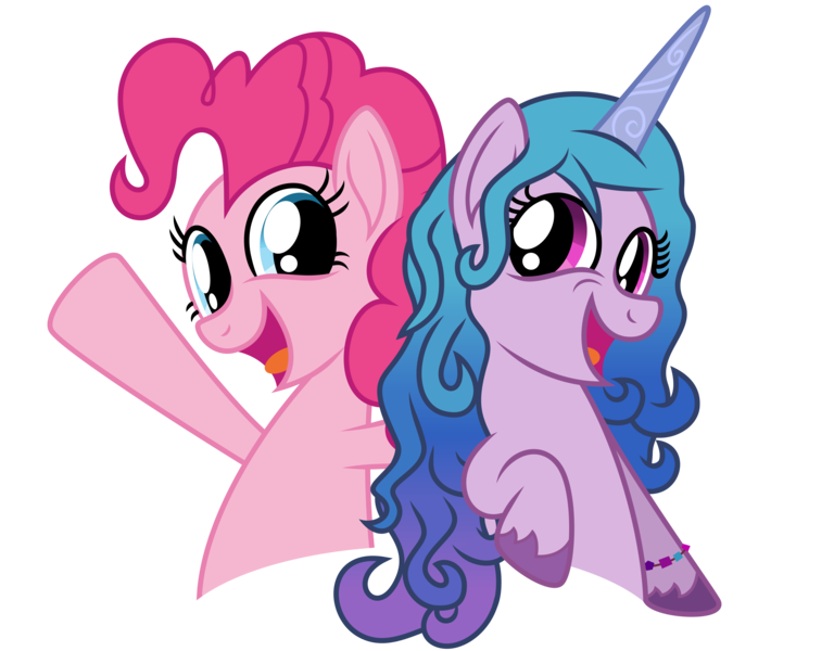 Size: 3200x2500 | Tagged: safe, artist:dashyoshi, derpibooru import, izzy moonbow, pinkie pie, earth pony, pony, unicorn, .svg available, cute, g4, g5, happy, image, inkscape, looking at you, mlp fim's eleventh anniversary, open mouth, png, simple background, smiling, transparent background, vector