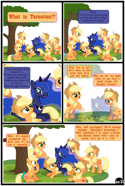 Size: 3255x4838 | Tagged: suggestive, artist:gutovi, derpibooru import, applejack, applejack (g1), princess luna, alicorn, earth pony, pony, comic:why me!?, alternate ending, bedroom eyes, clone, comic, dream, dream realm, female, generation leap, generational ponidox, grin, hat, horn, image, jackletree, lesbian, lunajack, lying down, magic, multeity, on floor, png, pony pile, prone, self ponidox, shipping, show accurate, smiling, smug, smugjack, tree