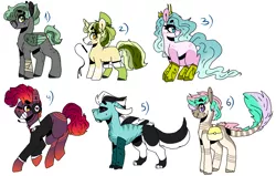 Size: 1474x940 | Tagged: safe, artist:beamybutt, derpibooru import, oc, unofficial characters only, earth pony, pegasus, pony, unicorn, bag, bandage, cat o' ninetails, coat markings, collaboration, colored wings, ear fluff, earth pony oc, eyelashes, grin, horn, image, leonine tail, looking back, one eye closed, pegasus oc, png, saddle bag, simple background, smiling, tail, two toned wings, unicorn oc, white background, wings, wink