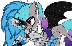 Size: 4000x2521 | Tagged: safe, artist:beamybutt, derpibooru import, oc, oc:moonbeam, unofficial characters only, alicorn, bat pony, pony, alicorn oc, bat pony oc, bat wings, bracelet, duo, ear fluff, ear piercing, eyelashes, female, horn, image, male, mare, piercing, png, simple background, spiked wristband, stallion, starry wings, transparent background, wings, wristband