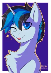 Size: 1431x2048 | Tagged: safe, artist:rinikka, derpibooru import, oc, oc:solar gizmo, unofficial characters only, pony, unicorn, :p, blue background, blue eyes, bust, chest fluff, cute, horn, image, jpeg, looking at you, male, one eye closed, portrait, simple background, solo, stallion, tongue out, two toned mane, unicorn oc, wink, winking at you