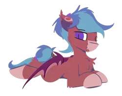 Size: 2536x2000 | Tagged: safe, artist:rhythmpixel, derpibooru import, oc, oc:blitz razorwind, unofficial characters only, bat pony, pony, bat ponified, chest fluff, fangs, image, lineless, looking at you, lying down, male, one eye closed, open mouth, open smile, png, prone, race swap, simple background, smiling, solo, stallion, transparent background, wink