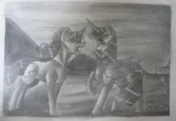 Size: 1280x881 | Tagged: safe, artist:unknownfilters, derpibooru import, starlight glimmer, twilight sparkle, twilight sparkle (alicorn), alicorn, unicorn, image, jpeg, monochrome, no color, redraw, traditional art
