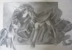 Size: 1280x880 | Tagged: safe, artist:unknownfilters, derpibooru import, starlight glimmer, twilight sparkle, twilight sparkle (alicorn), alicorn, the last problem, crown, image, jewelry, jpeg, no color, regalia, traditional art