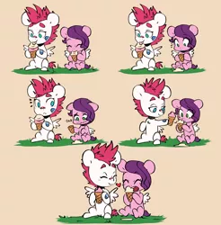 Size: 3904x3960 | Tagged: safe, artist:chub-wub, derpibooru import, pipp petals, zipp storm, pegasus, pony, adorapipp, adorazipp, bandaid, crying, cute, dropped ice cream, duo, duo female, eating, eyes closed, female, filly, filly pipp petals, filly zipp storm, floppy ears, food, frown, g5, grass, happy, heart, hoof hold, ice cream, image, jpeg, licking, looking at someone, looking at something, open mouth, open smile, sad, sharing, siblings, simple background, sisters, sitting, smiling, sniffing, surprised, tan background, teary eyes, tongue out, wholesome, younger