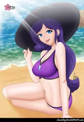 Size: 684x1000 | Tagged: suggestive, alternate version, artist:clouddg, derpibooru import, rarity, human, beach, beach shorts swimsuit, belly button, breasts, busty rarity, cleavage, clothes, explicit source, female, humanized, image, open mouth, open smile, png, rarity's beach shorts swimsuit, smiling, solo, solo female, swimsuit