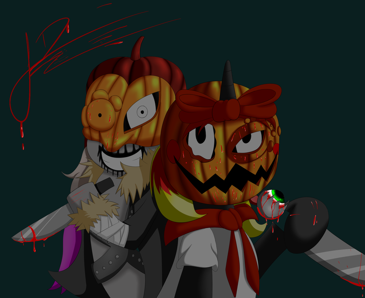 Size: 2450x2000 | Tagged: grimdark, derpibooru import, oc, oc:fireice, oc:misterious jim, unofficial characters only, pegasus, unicorn, blood, eye, image, knife, png, pumpkin, pumpkin king, pumpkin night, smiling