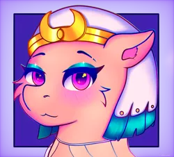 Size: 3218x2914 | Tagged: safe, artist:lureunites, derpibooru import, somnambula, pegasus, pony, bust, cheek fluff, egyptian headdress, female, image, lidded eyes, mare, png, portrait, simple background, smiling, solo